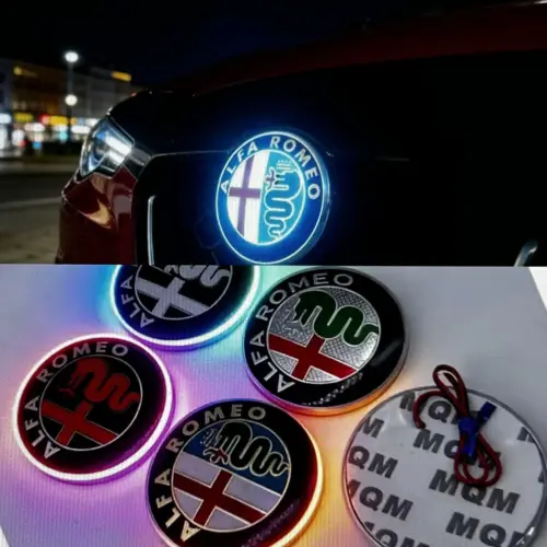1x Alfa Romeo LED Plakette 75mm Emblem für Kühlergrill Schriftzug LOGO BLAU beleuchtet Heck Deckel Klappe für viele Modelle