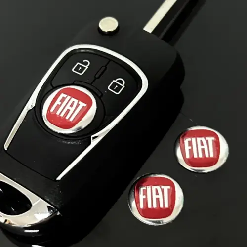 1x für Fiat 15mm Aufkleber ALU Schlüssellogo Emblem Schriftzug rot/silber Schlüsselemblem