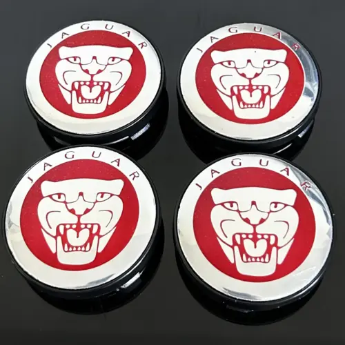 4x 56/55mm JAGUAR schwarz glänzend Rand Logo ROT/SILBER Felgendeckel Nabenkappen Rad Felgenkappen Nabendeckel Kappe