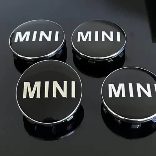 4x 56mm für MINI schwarz glänzend Rand silber Felgendeckel Nabenkappen Rad Felgenkappen Nabendeckel Kappe