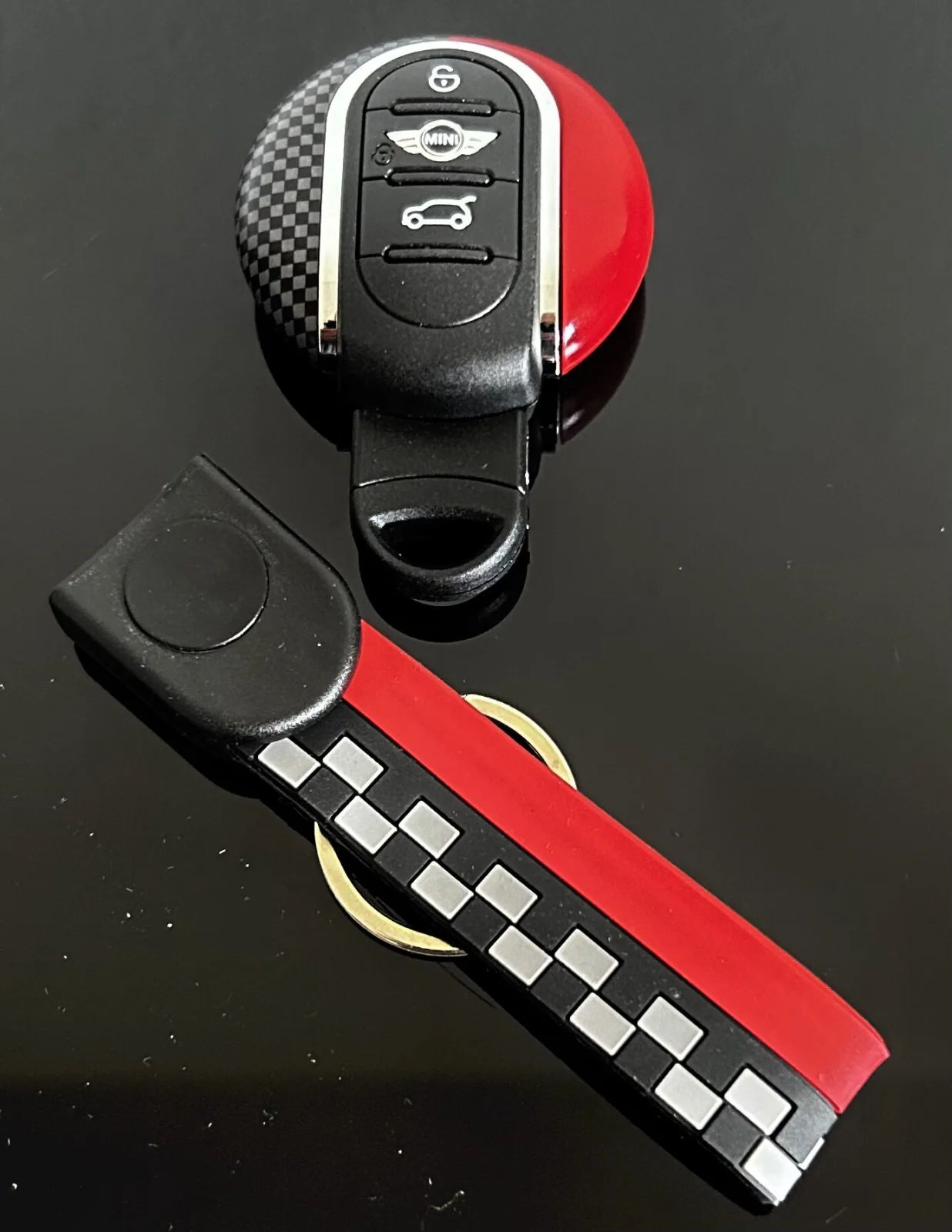 für MINI 2 teilig Schlüssel Anhänger Schlüsselband Copper CARBON/ROT Schlüsselring F56 F55 F54 F60 Cabrio F57