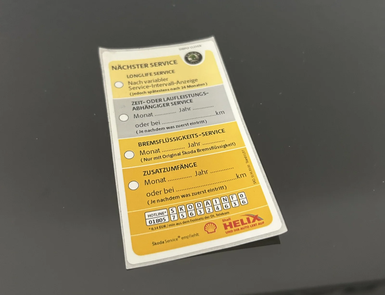 SKODA Serviceaufkleber Inspektionsaufkleber Kundendienst Ölwechsel original SKODA